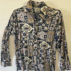 Vintage-Inspired Cortini Knit Patchwork Print Button-Down Shirt - Multicolor